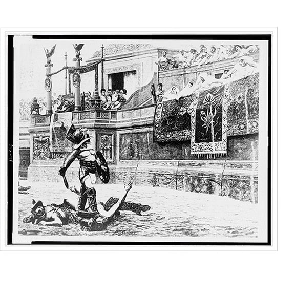 Historic Print, [Victorious gladiator standing on defeated gladiator with crowd giving thumbs down signal, at the Colosseum, Rome, Italy], 18" x 24"