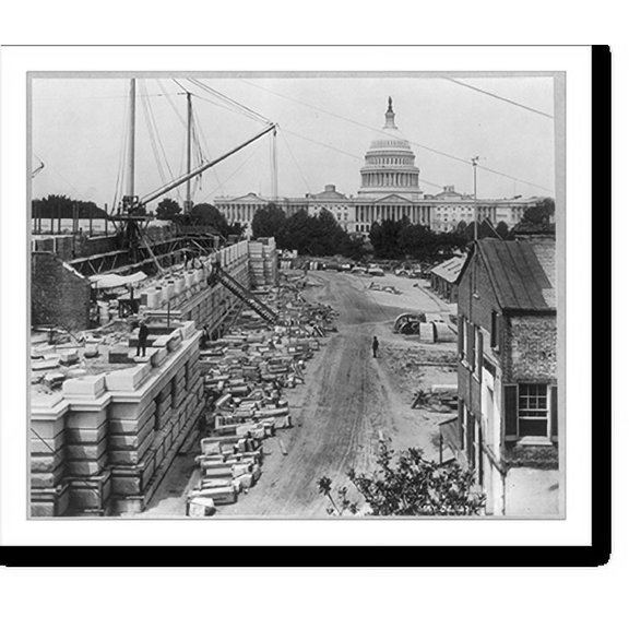 Historic Print, [View of construction of the basement and first floor of the Library of Congress on the north side, with the U.S. Capitol in the background], 18" x 24"