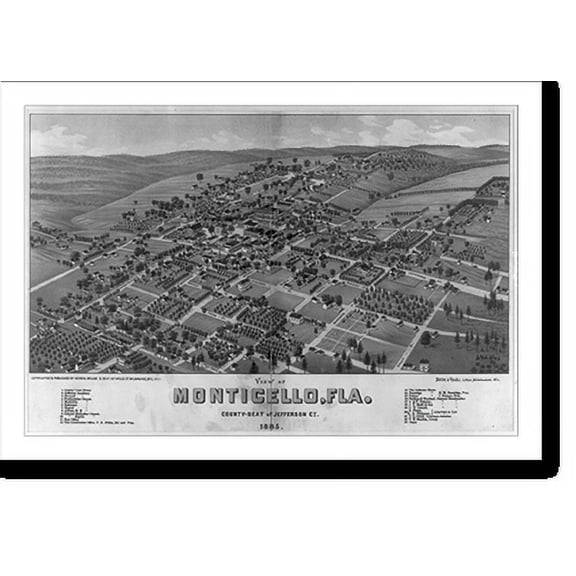 Historic Print, View of Monticello, Fla. County-seat of Jefferson Cy. 1885, 18" x 24"