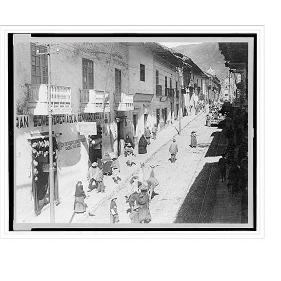 Historic Print, [View of the Calle del Marquez, Cuzco, Peru, showing busy street scene with people and llamas], 16" x 20"