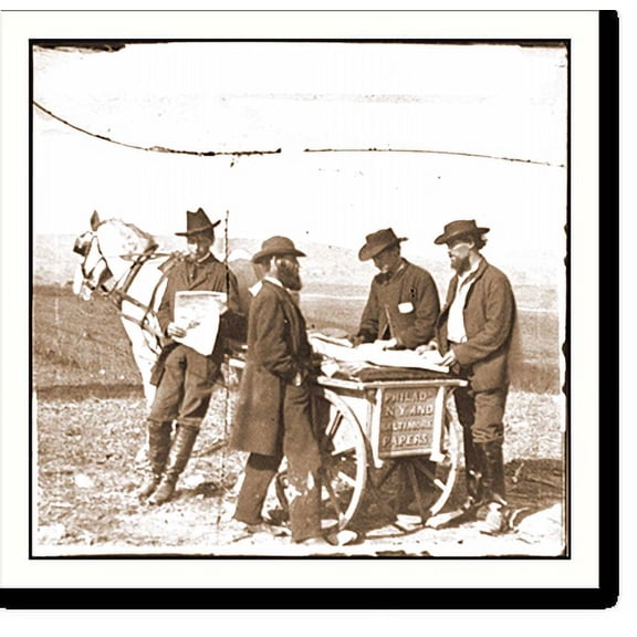 Historic Print, Virginia. Newspaper vendor and cart in camp, 16" x 20"