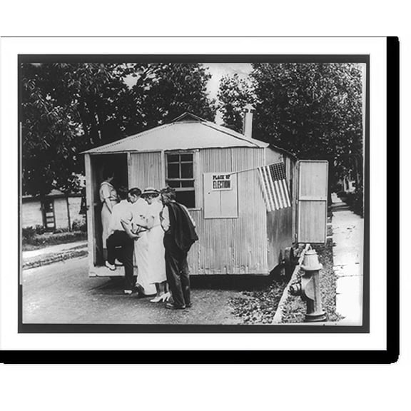 Historic Print, Voters waiting in line to vote on a Presidential Election Day, at a corrugated metal house on wheels, Dayton, Ohio, 18" x 24"