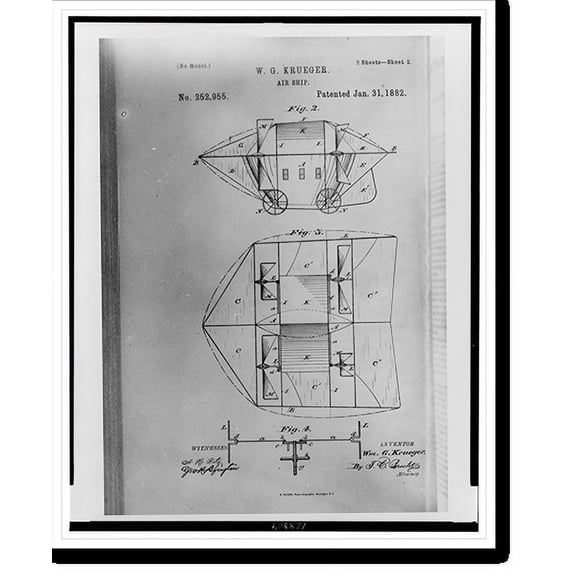 Historic Print, W.G. Krueger - air ship Patented Jan. 31, 1882.N. Peters, Photo-lithographer, Washington, D.C., 16" x 20"