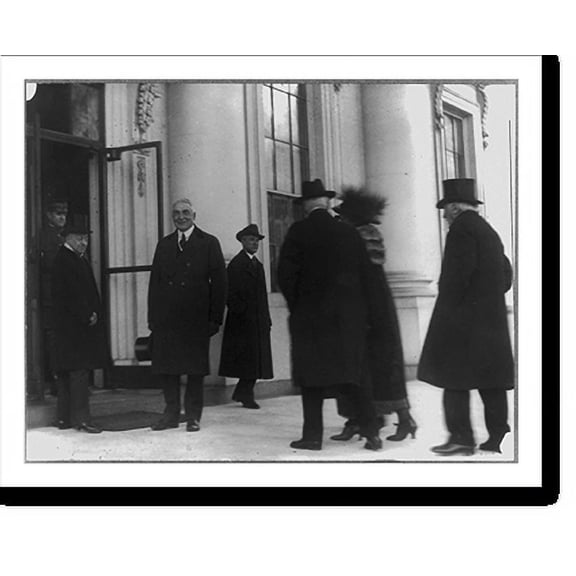 Historic Print, [Warren Gamaliel Harding, Pres. U.S., full length, standing, facing slightly left; outside of door with several others at the White House], 16" x 20"