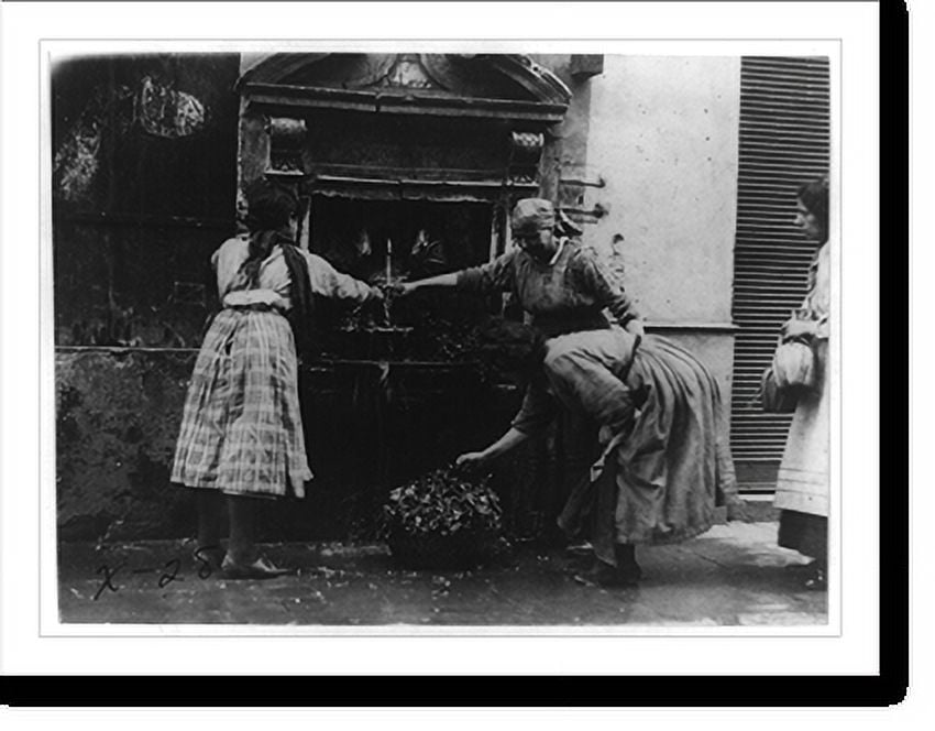 Historic Print, Washing fruits and vegetables at a public spigot. Italian tenements adjacent to