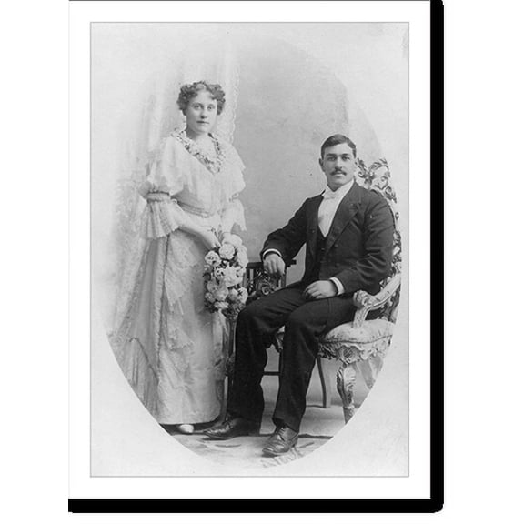 Historic Print, [Wedding picture, man seated and woman holding flowers and standing], 18" x 24"
