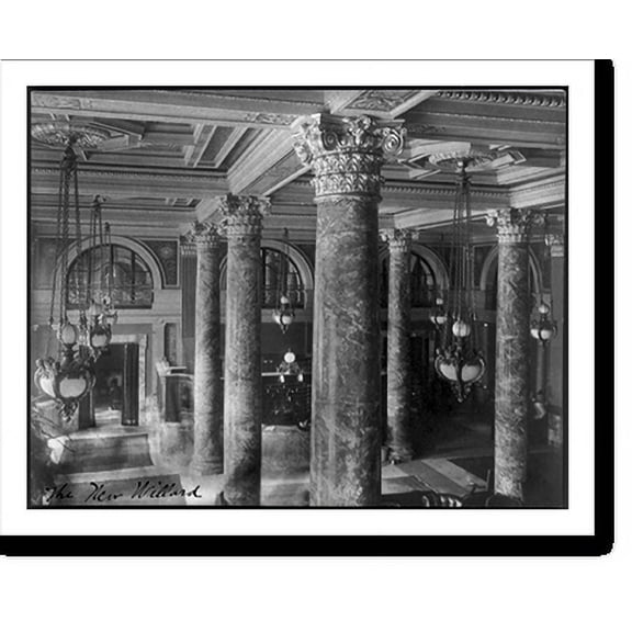 Historic Print, [Willard Hotel, view of lobby ceiling, chandeliers and columns], 16" x 20"