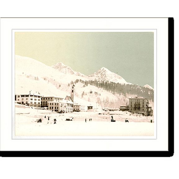 Historic Print, Winter scene with buildings snow covered peaks in the background, 18" x 24"