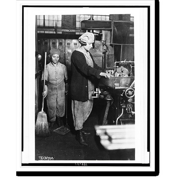 Historic Print, [Woman grinding small gear cutter, and woman sweeping at Midvale Steel & Ordnance Co., Nicetown, Pa., during World War I], 16" x 20"