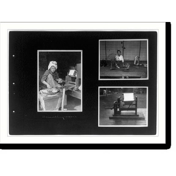 Historic Print, [Woman unravelling silk cocoons, woman with spinning wheel, and machine used to unravel silk cocoons, Japan], 18" x 24"