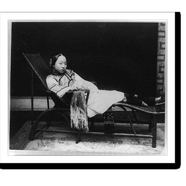 Historic Print, Woman with bound feet reclining on chaise lounge, China