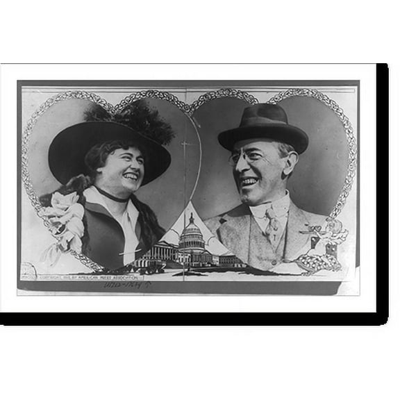 Historic Print, [Woodrow Wilson and Edith Bolling Galt, head-and-shoulders portraits cut in the shape of overlapping hearts with rose border; drawing of cupid in lower right and of the ...18" x 24"