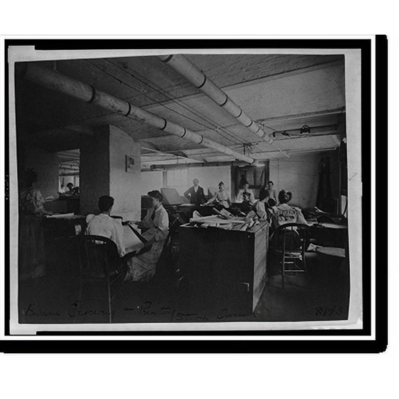 Historic Print, Workers taking mucilaged sheets of postage stamps from the drying box in the gumming and drying room of the Stamp Division at the Bureau of Engraving & Printing, 16" x 20"