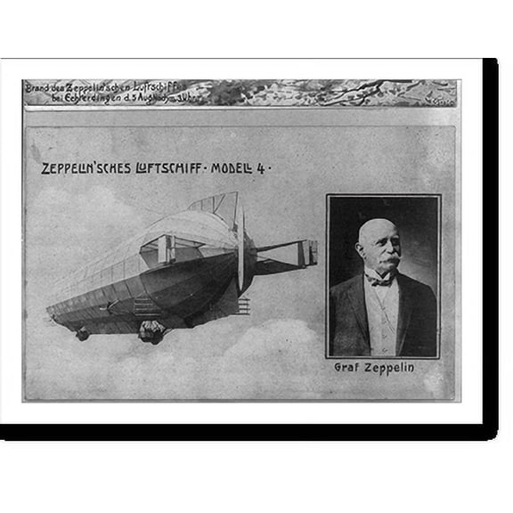 Historic Print, Zeppelin airship, model 4, with inset bust portrait of Graf Zeppelin, 16" x 20"