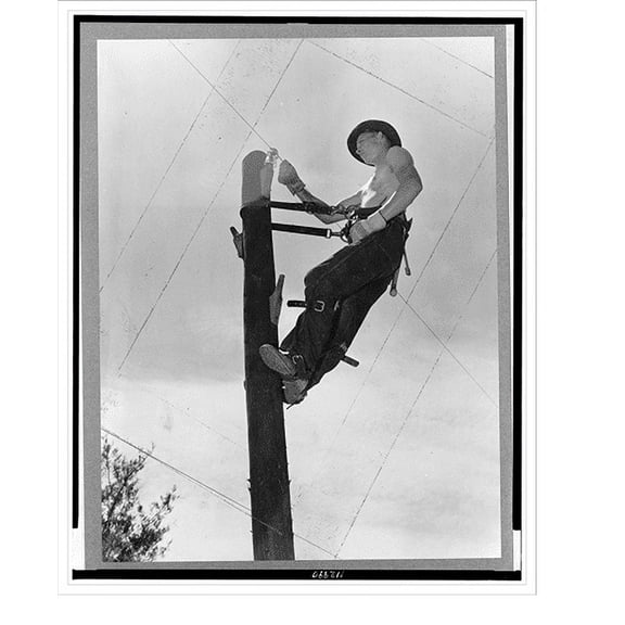 Historic Print, A civilian conservation corps telephone lineman fastening a telephone wire to a glass insulator atop a telephone pole in one of the National forests, 18" x 24"