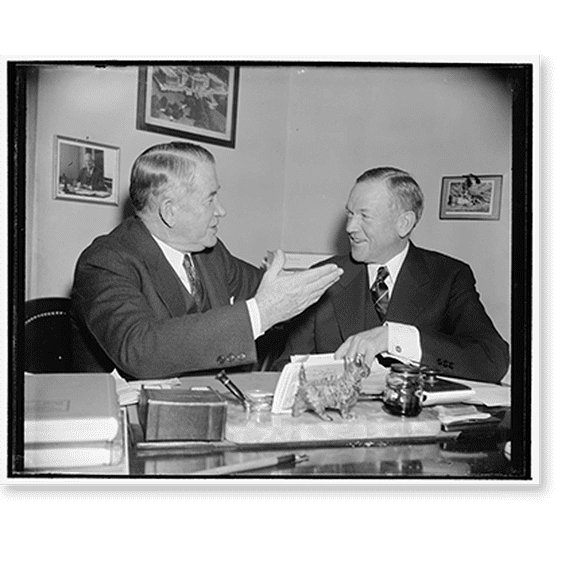 Historic Print, No discord here. Washington, D.C., Dec. 29. Perfect harmony was in order today when Senate Majority Leader Alben W. Barkley, left, discussed final details for the openin…16" x 20"