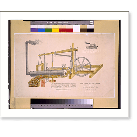 Historic Print, The first steam engine designed and built in the United States, by Oliver Evans, of Philadelphia, Pa., 1801.Drawing by Thos. Arnold McKibbin. - 2, 16" x 20"