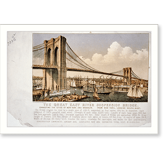 Historic Print, The great East River suspension bridge: connecting the cities of New York and Brooklyn From New York, looking south-east. - 2, 16" x 20"