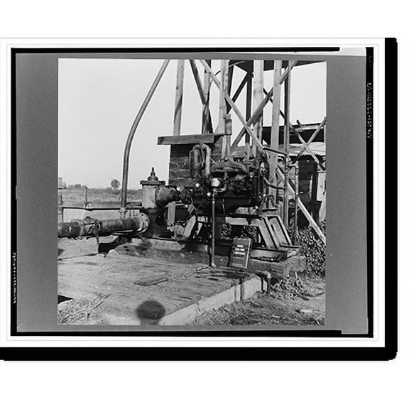Historic Print, This pumping plant for irrigation is powered by a natural gas engine which operates on cost of about 1/2 the cost of electricity, Tulare County, California., 18" x 24"