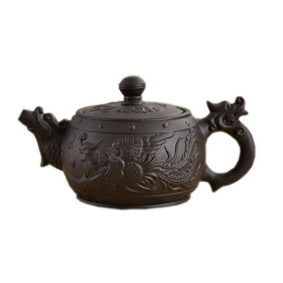 Historic Purple Clay Tea Pot Dragon & Phoenix Tea Kettle, Black