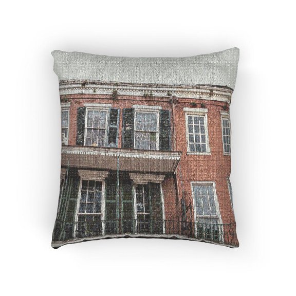 Historic Red Brick Row Houses and Green Shutters Woven Pillow, Cotton-Polyester Shell, Architectural Decor