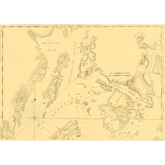 Historic Revolutionary War Map - Blue Hill Belfast Bays Maine - Des Barres 1770 - 23 x 32.75 - Vintage Wall Art