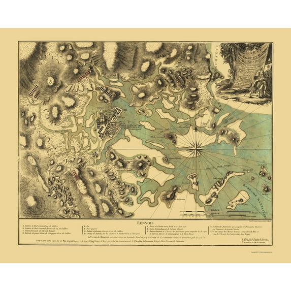 Historic Revolutionary War Map - Boston Harbor Massachusetts - Beaurain 1776 - 23 x 31.45 - Vintage Wall Art