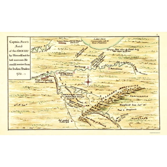Historic Revolutionary War Map - Captain Snows Country Sketch - Snow 1754 - 23 x 28.12 - Vintage Wall Art
