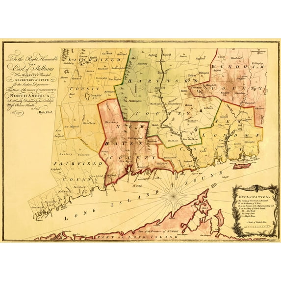 Historic Revolutionary War Map - Connecticut Colony - Park 1766 - 23 x 35.94 - Vintage Wall Art