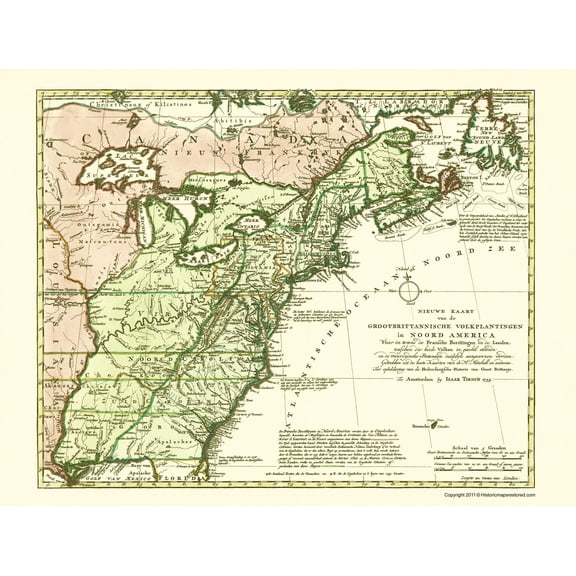 Historic Revolutionary War Map - North America Great Britain Colonies - Tirion 1755 - 23 x 25.73 - Vintage Wall Art