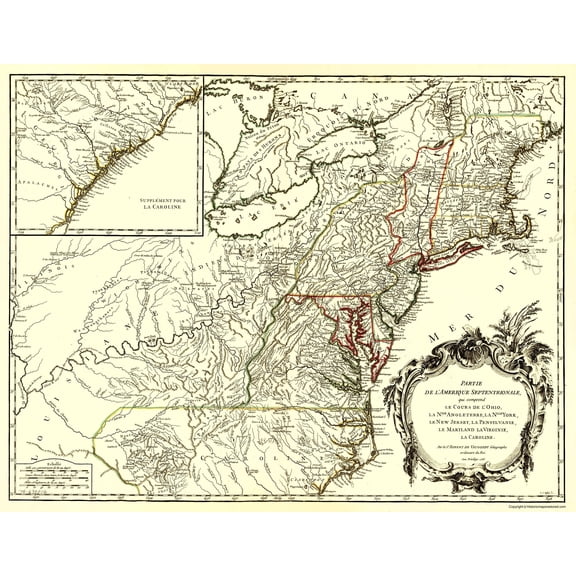 Old War Map Print - North America Northeastern Coast - Vaugondy 1755 - Vintage Wall Art