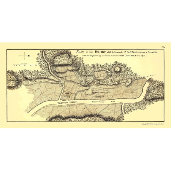 Historic Revolutionary War Map - Saratoga Burgoyne Position - 1777 - 23 x 31 - Vintage Wall Art