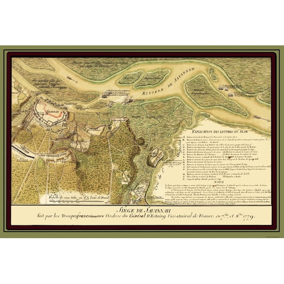 Historic Revolutionary War Map - Savannah Georgia Siege - Ozanne 1779 - 23 x 32.39 - Vintage Wall Art