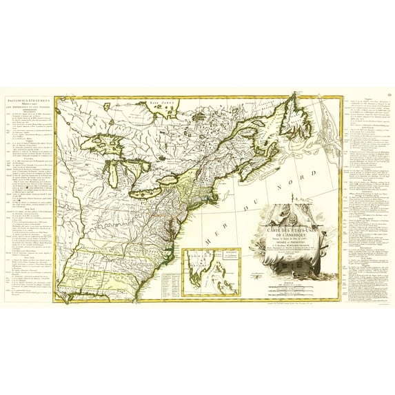 Historic Revolutionary War Map - United States - Lattre 1784 - 23 x 27.95 - Vintage Wall Art