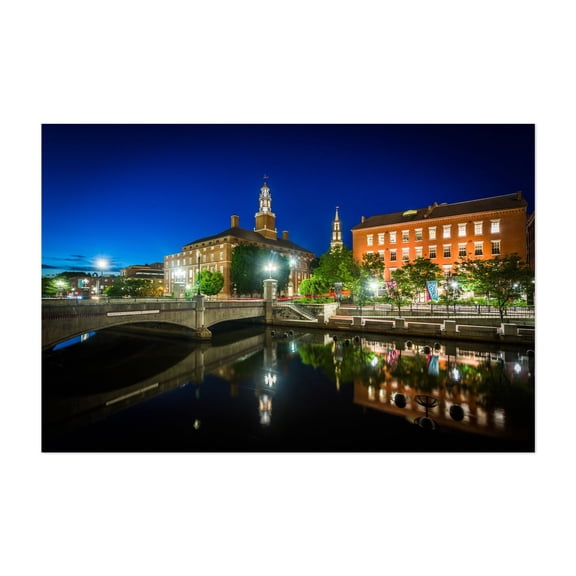 Historic Riverfront - Providence Rhode Island Photography Nightlife Bridge Architecture City Skyline Scenic Night Sky Unframed Wall Art Print 32 x 48 inches
