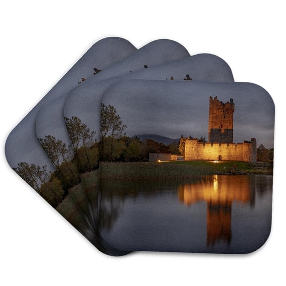 3drose, Historic Ross Castle at Dusk in Killarney Np, Ireland, Set of 4 Coasters - Soft