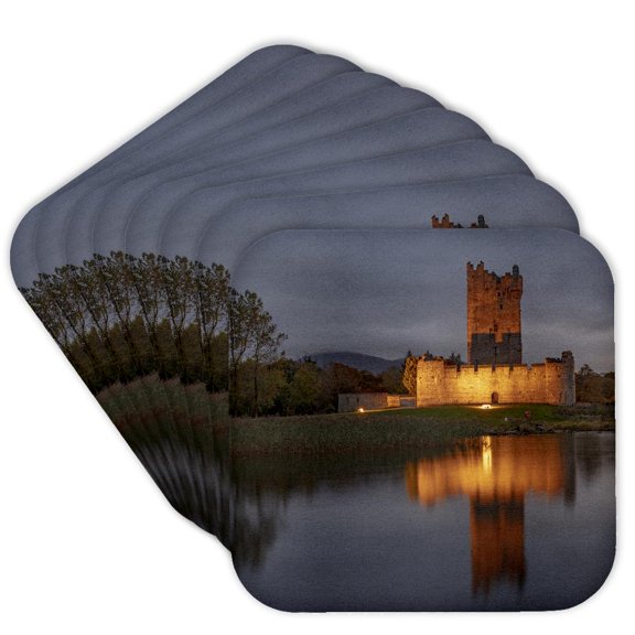 3drose, Historic Ross Castle at Dusk in Killarney Np, Ireland, Set of 8 Coasters - Soft