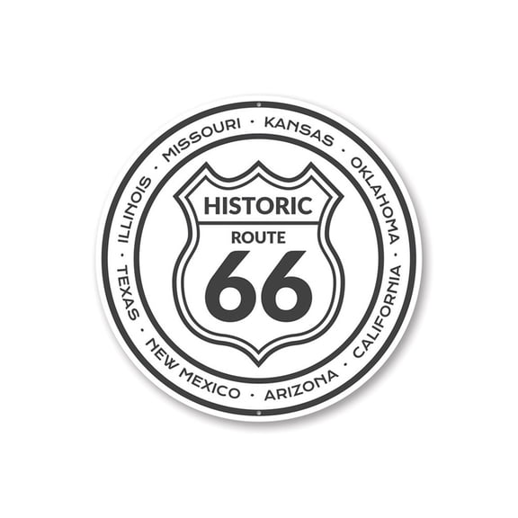 Historic Route 66 States Sign, Novelty Car Sign, Garage Aluminum Metal Decor Sign - 12" Round
