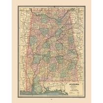 Historic State Map - Alabama - Cram 1888 - 23 x 29.82 - Vintage Wall Art