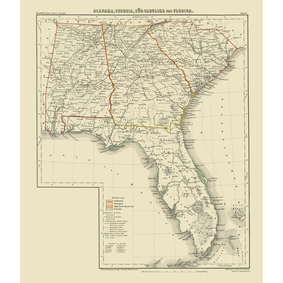 Historic State Map - Alabama Georgia South Carolina Florida - Kraatz1854 - 23 x 26 - Vintage Wall Art