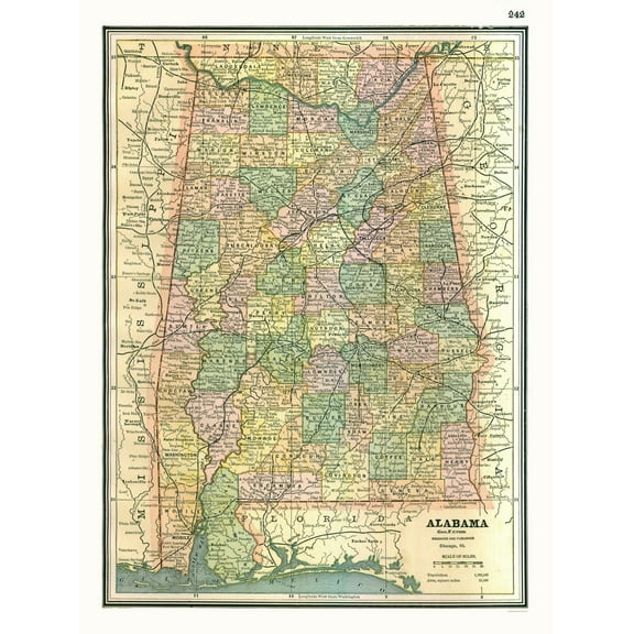Historic State Map - Alabama - Johnson 1888 - 23 x 30.74 - Vintage Wall Art
