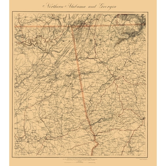 Historic State Map - Alabama Northern Georgia - Krebs 1864 - Vintage Wall Art