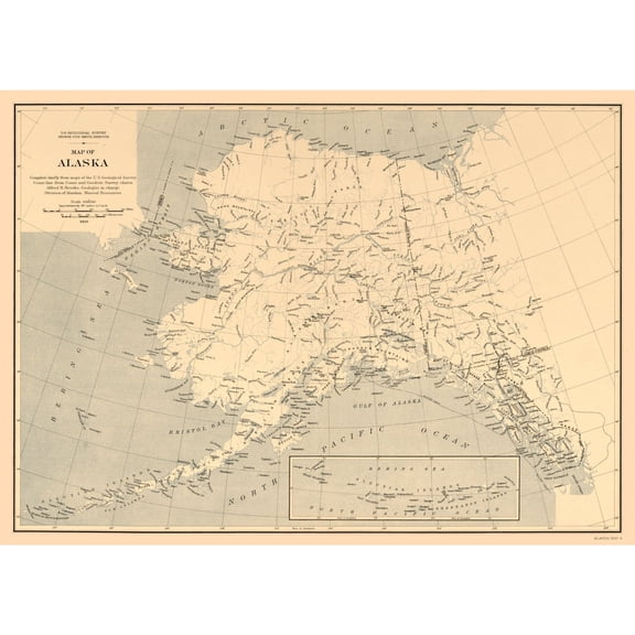 Historic State Map - Alaska - Brooks 1909 - Vintage Wall Art