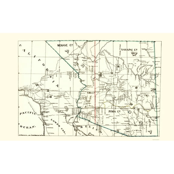 Historic State Map - Arizona Guide Book of the Pacific - Brown 1866 - 23 x 37.06 - Vintage Wall Art
