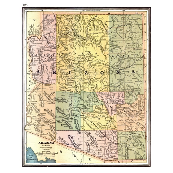 Historic State Map - Arizona - Johnson 1888 - Vintage Wall Art