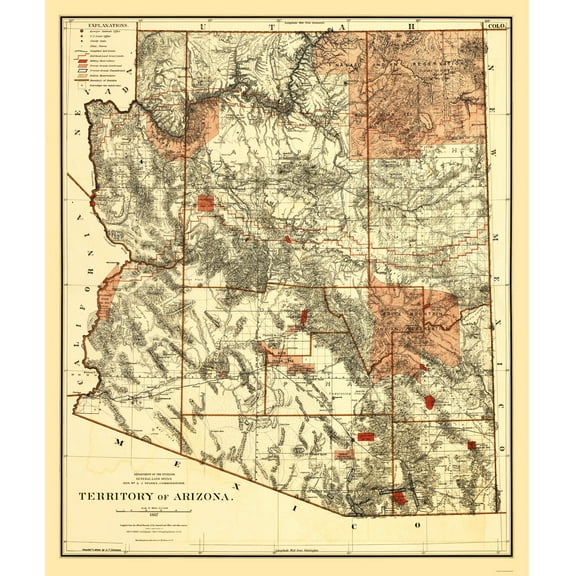 Historic State Map - Arizona Territory - Bien 1887 - 23 x 27.31 - Vintage Wall Art