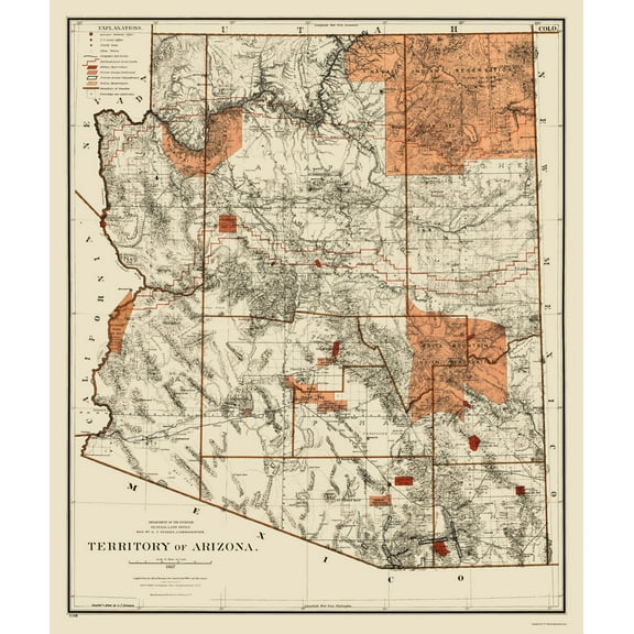 Historic State Map - Arizona Territory - GLO 1887 - 23 x 27.31 - Vintage Wall Art