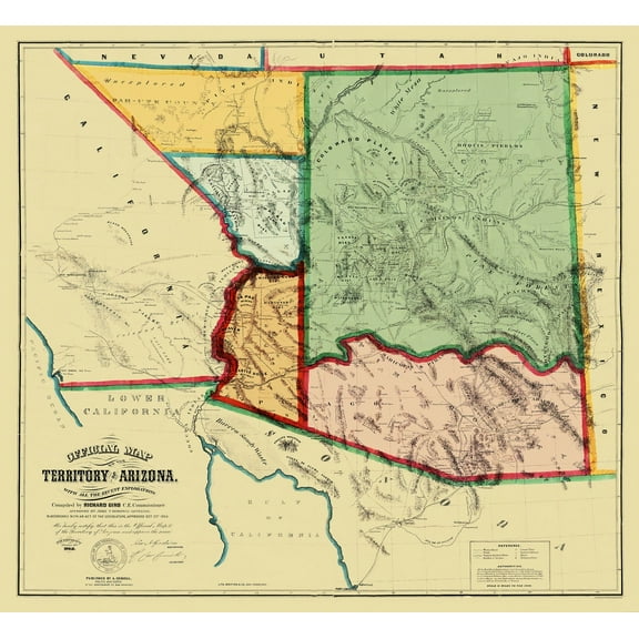 Historic State Map - Arizona Territory - Gird 1865 - Vintage Wall Art