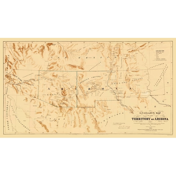 Historic State Map - Arizona Territory R.P. Kelley - Schrader 1860 - Vintage Wall Art