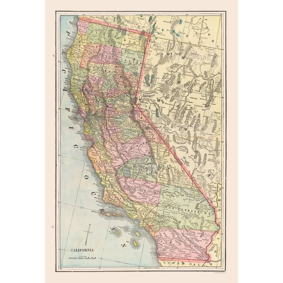 Historic State Map - California - Cram 1892 - Vintage Wall Art